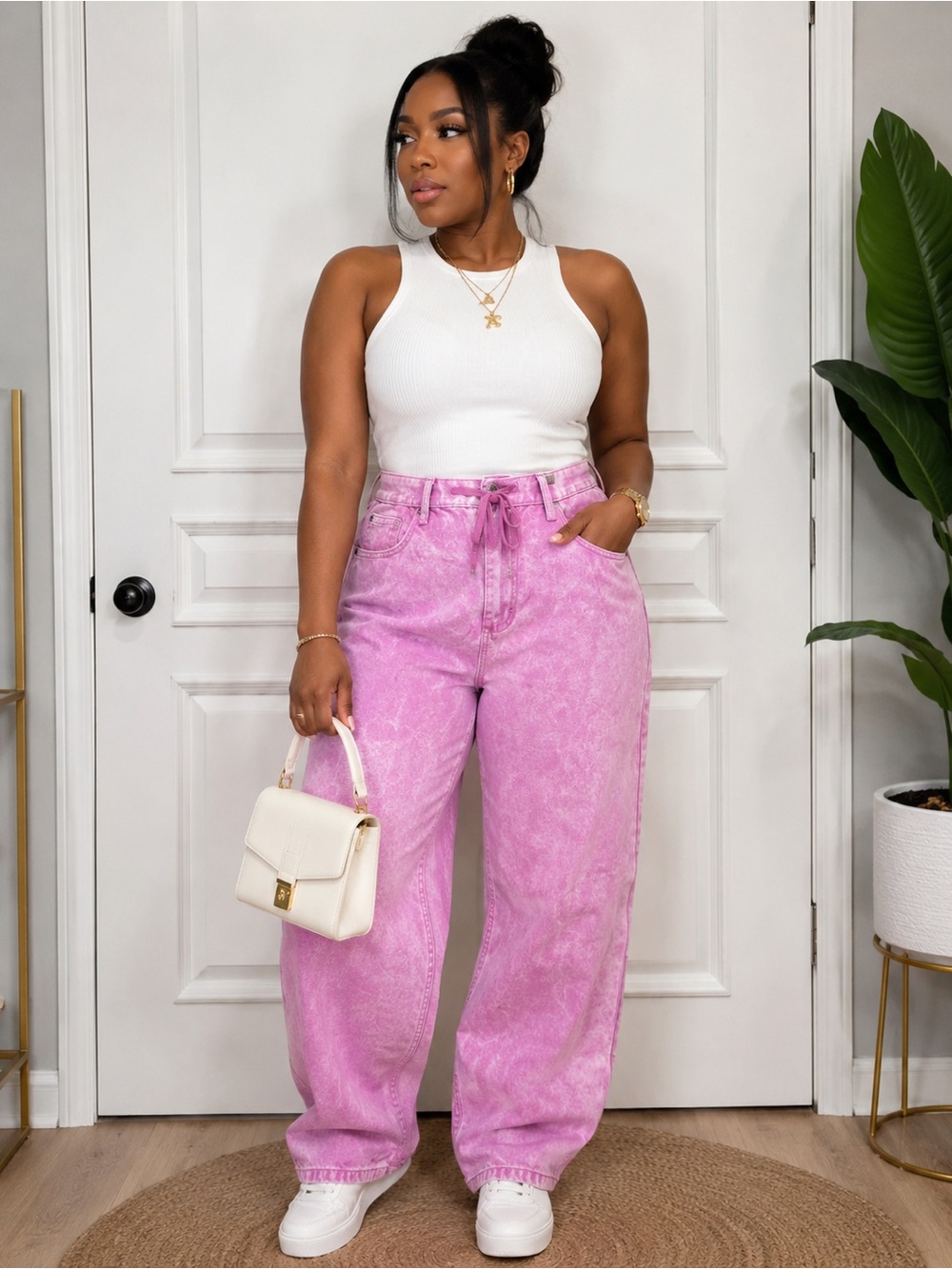 High-Waist Wide Leg Jeans in Pink size 8